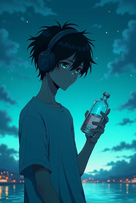 19 year old anime boy with turquoise background wearing headphones and a bottle Dull look And night landscape background Bottle in hand
