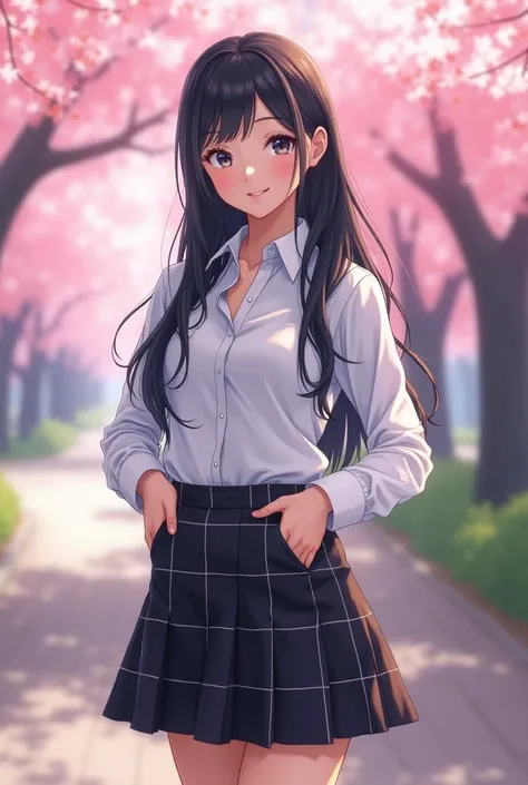 Photo of a real high school girl with long straight black hair and a smiling Japanese face。
The uniform is a white shirt。
The miniskirt is checkered and all black.。
Nogizaka46-ish。
A painting that looks like a photograph