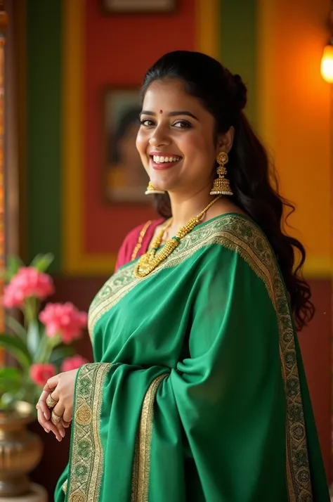 Indian curvy young female white fair skintone wearing kerala green kasavu saree in kerala home living room, celebrating onam. Realistic image.Closeup. body figure looks like actress nithya menon.big breast