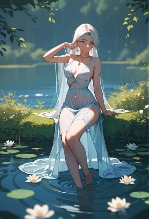 Sexy goddess emerges from the lake、Blue see-through dress