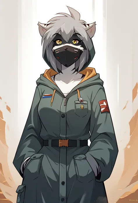 женщина anthro furry tiger ,absurdity, a high resolution, ultra detailed,
1 girl,oversized hooded jacket,whole body,
 original character,girl,gray hair,yellow eyes,shoulder-length hair, complex black mask, military general, {Best quality}}, {{masterpiece}}...