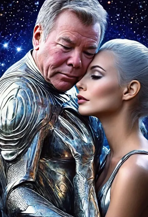 Star Trek, Captain Kirk (William Shatner, age 30) is kissing and hugging an alien woman (cute, silver make up, silver hair, silver gladiator swimsuit, fit), alien world, amazing starry sky, view is from dowl low angled up
