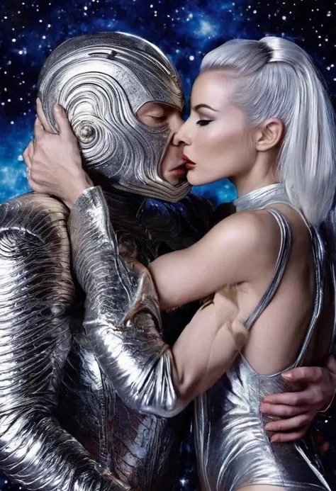 Star Trek, Captain Kirk (William Shatner, age 30) is kissing and hugging an alien woman (cute, silver make up, silver hair, silver gladiator swimsuit, fit), alien world, amazing starry sky, view is from dowl low angled up
