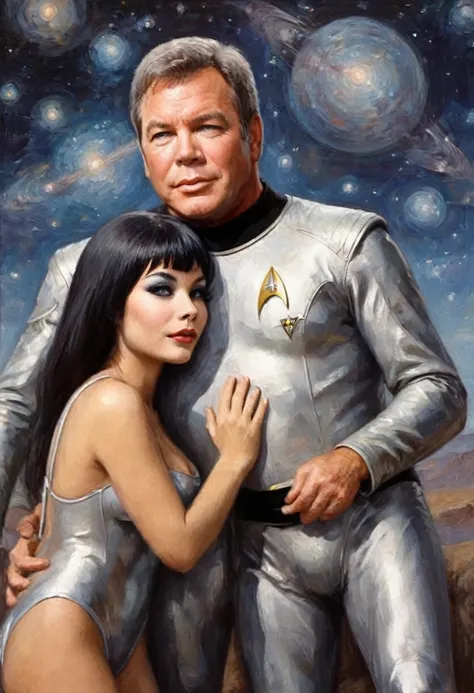 Star Trek, Captain Kirk (William Shatner, age 30) is kissing and hugging an alien woman (cute, silver make up, silver hair, silver gladiator swimsuit, fit), alien world, amazing starry sky, view is from dowl low angled up
