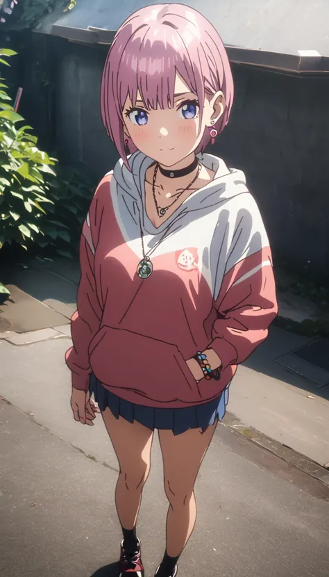 (Highest quality, 4K, 8k, High Resolutiの上, masterpiece:1.2), Very detailed, Picturesque, Anime style photo, Photo Animatiの上:1.37)、Japanese、(Pink Hair)、(Pixie Cut)、Gal Makeup、hoodie、Flared mini skirt、necklace、bracelet、Earrings、choker、nail art、(Full body pho...