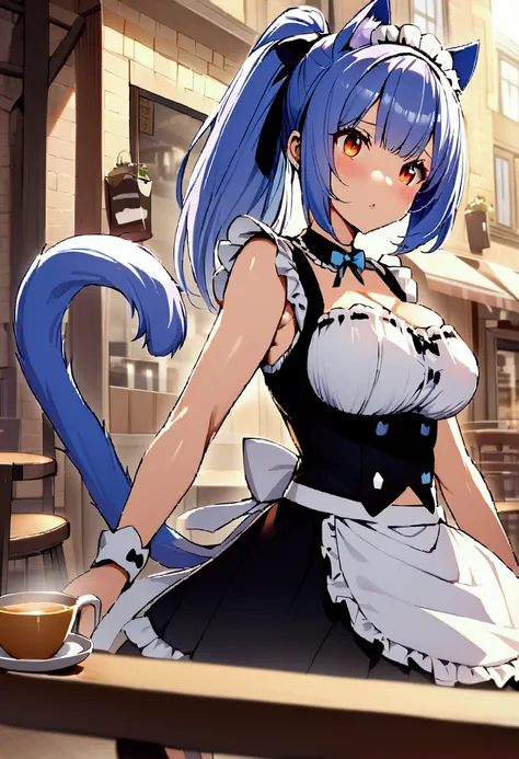 Cinnamon, gurl with short lavender blue hair, amber eyes,big pony tail, floppy cat ears, cat tail, maid uniform, big breasts, cafe on background