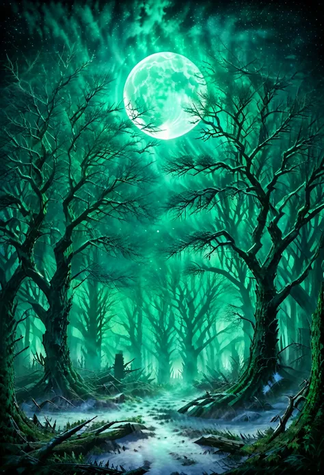 (only the tops of the trees and the full moon are visible.) a close-up of a snow-covered forest under the moonlight. a massive b...