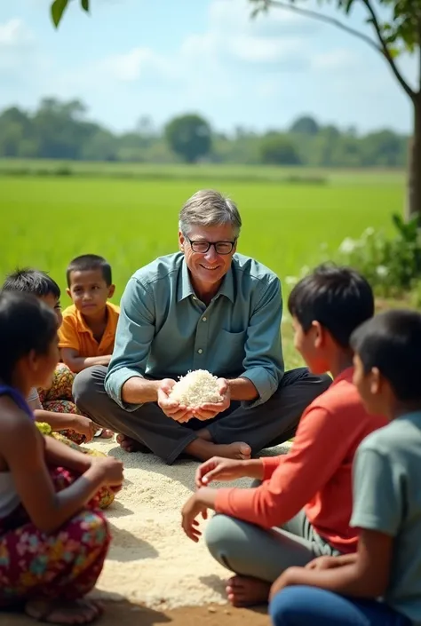 Bill Gates helping to village  poor most people with Rice and sit position 