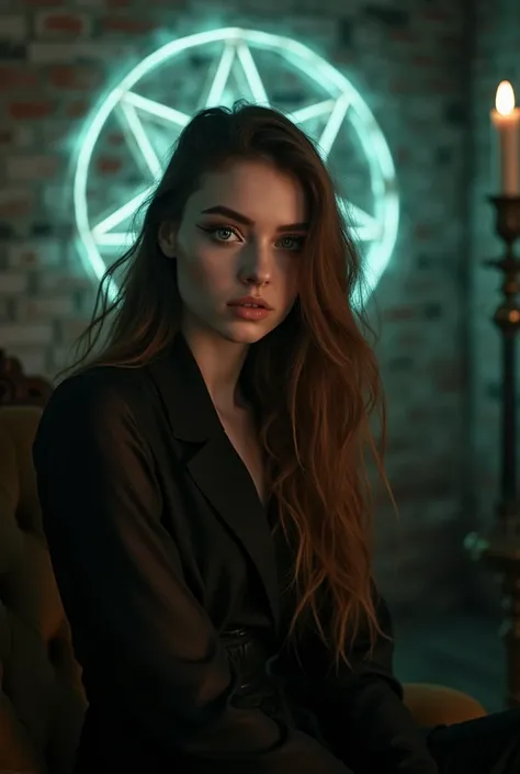 (Masterpiece), (Extremely detailed), (Cinematic lighting),(realistic skin texture), ((photo)), Very beautiful Slavic woman, pale skin, long light brown hair, Sits, makeup, eye liner, gotik, ((Simple Black Dress)), (Glowing occult pentacle on the wall), ((D...