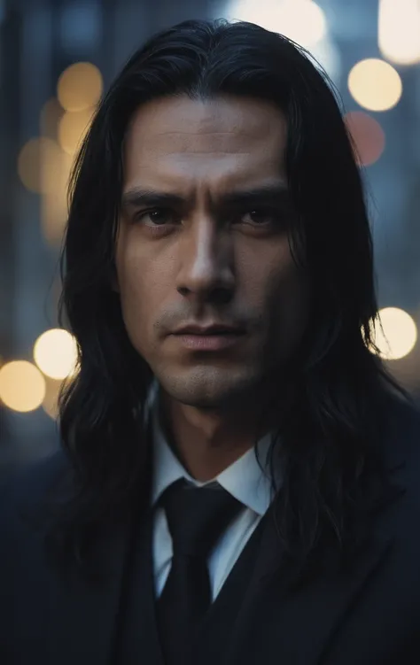 + cinematic photo dark photo of portrait of strong looking man with long black tied hair, 35mm cinematic, film, bokeh, professional, 4k, highly detailed, 35mm photograph, film, bokeh, professional, 4k, highly detailed 