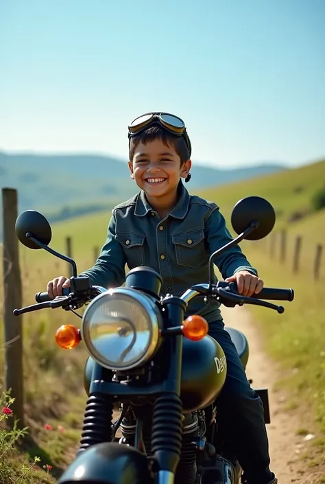 Sitting a boy on Royal Enfield Classic 350 stealth black wearing goggles
