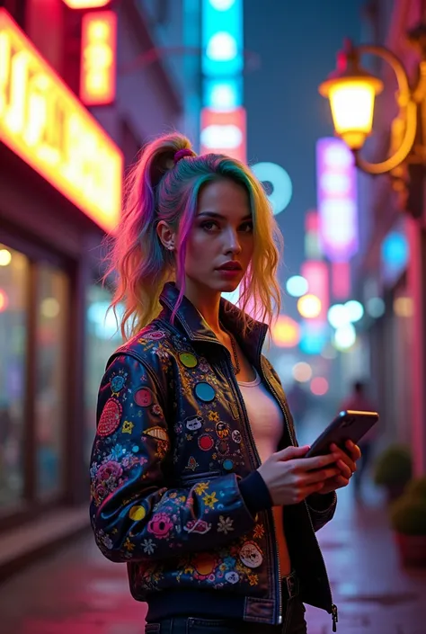 A young woman with vibrant, multi-colored hair, standing in an urban setting. She is holding a mobile device in her hand and is dressed in a colorful jacket with various symbols and designs. The background is filled with neon signs, graffiti, and a street ...