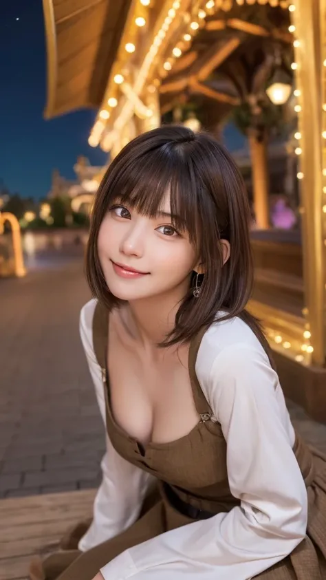 one person&#39;s, (Beautiful girl, Delicate:1.3), (15 years old:1.3),
break, (one piece:1.2), Long skirt,
break, (Night Theme Park, illumination:1.2),
break, Very beautiful eyes, (Symmetrical eyes:1.3),
break, Small breasts, Brown eyes, Parted bangs, Brown...