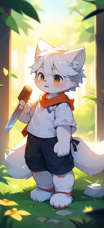 Unique,cannon,arctic fox,male,hairy,best quality,boys,Shota,human nature,paw,hairy tall,Golden Sun Rune,cute,Sparkling golden eyes,White socks，Chinese Hanfu，Holding a gleaming golden sword，Wearing a golden scarf，The expression is firm