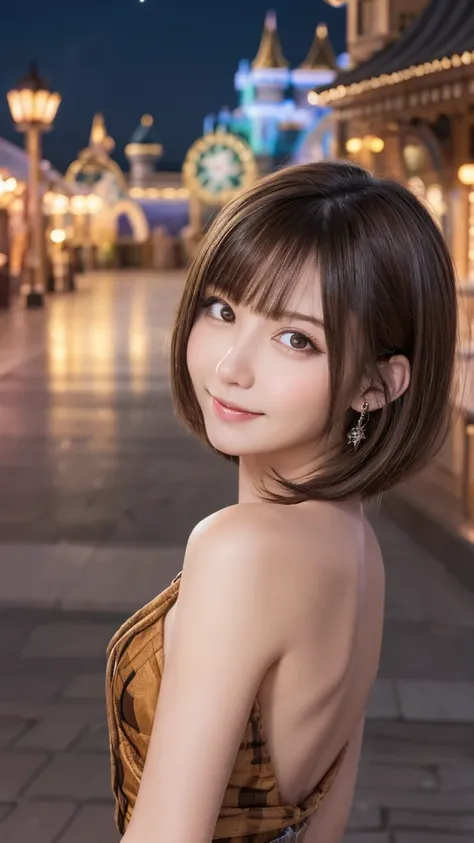 one person&#39;s, (Beautiful girl, Delicate:1.3), (15 years old:1.3),
break, (one piece:1.2), Long skirt,
break, (Night Theme Park, illumination:1.2),
break, Very beautiful eyes, (Symmetrical eyes:1.3),
break, Small breasts, Brown eyes, Parted bangs, Brown...