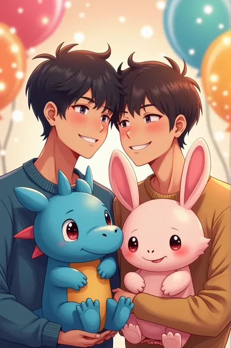 two men holding two different plushies, head on shoulder, cute, bust shot