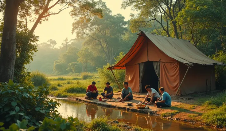 an image of a rural poor vietnamese small old clay tent with the light shining on them, in the style of colorful prisma, small pond, 6 men sitting on the ground have simple lunch , erased and obscured, multiple flash, iconic album covers, photography, 50mm