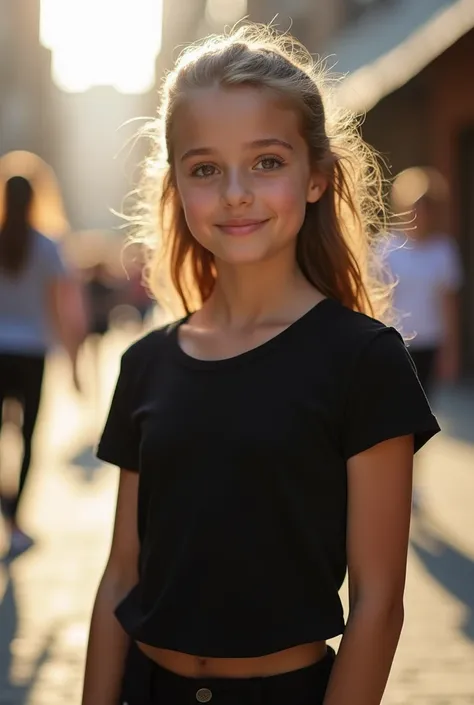 Teenage girl beautiful look at the camera wearing black t-shirt and black tights high quality brown eyes white body beautiful gorgeous cute smile 