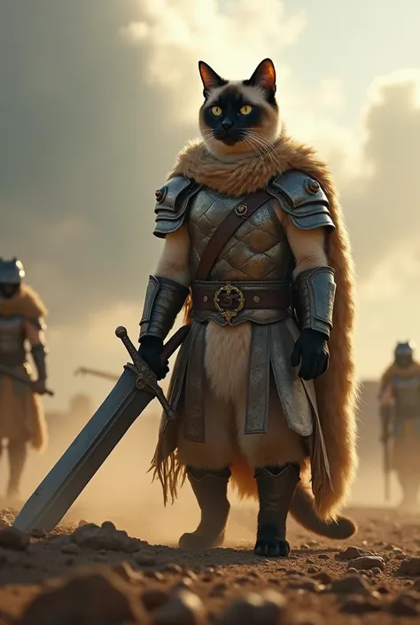 A Siamese cat warrior holding a giant sword, tall and tall, wearing tan armor, full body photos, personality movements, cool expressions, in a realistic cinematic style, combat posture --ar 81:128 --quality 2 --v 6.1most