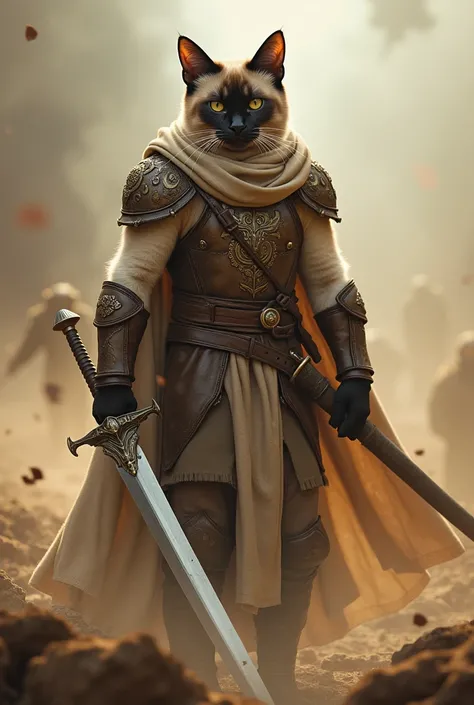 A Siamese cat warrior holding a giant sword, tall and tall, wearing tan armor, full body photos, personality movements, cool expressions, in a realistic cinematic style, combat posture --ar 81:128 --quality 2 --v 6.1most