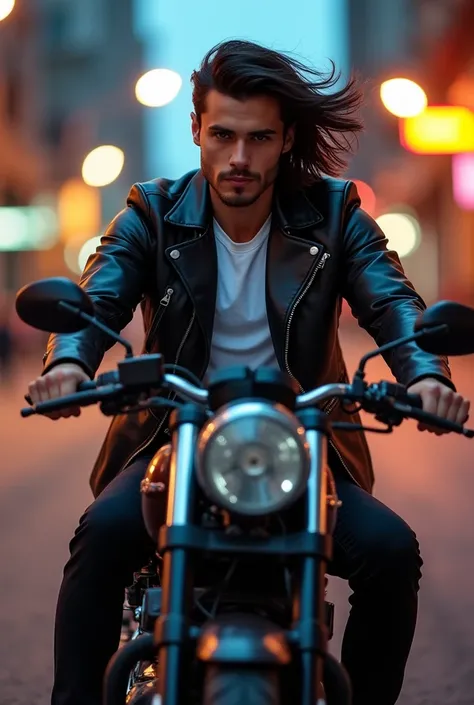 imagine a handsome man with thick, straight black hair, wearing a black leather jacket, white blouse, Black pants and sneakers, with very black eyes, mounted on a motorcycle,medium white skin with a darker tone.