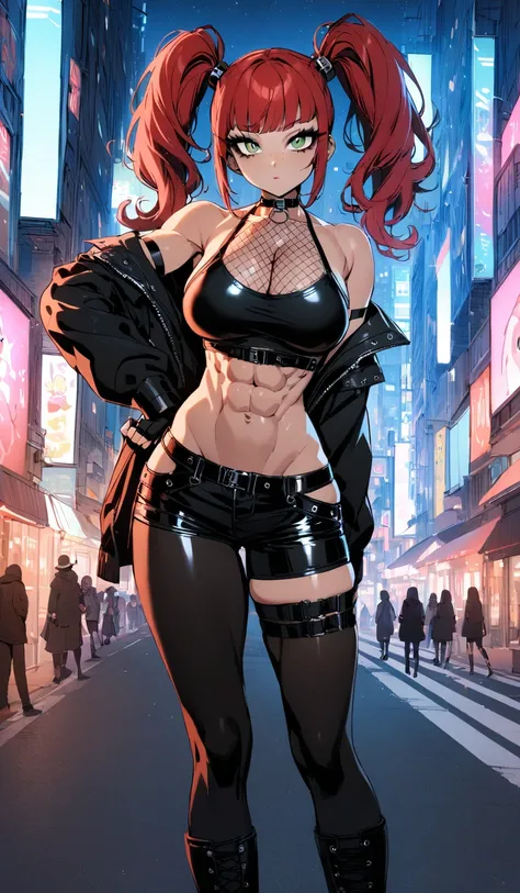 woman, curly red hair in pig tails, green eyes, black eyeshadow, wearing crop top black shirt, long black jacket, black hot pants, black knee high boots, black fingerless gloves, exposed shoulders, large breasts, freckles, abs, cleavage, looking at viewer,...