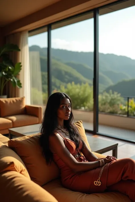 african girl, 19 ans, long black hair, sitting in a large luxury modern living room, tan furniture, dark lighting, day, panoramic view of italy out of the window, wearing gucci, hd, detailed