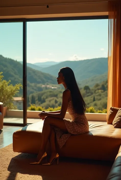 african girl, 19 ans, long black hair, sitting in a large luxury modern living room, tan furniture, dark lighting, day, panoramic view of italy out of the window, wearing gucci, hd, detailed