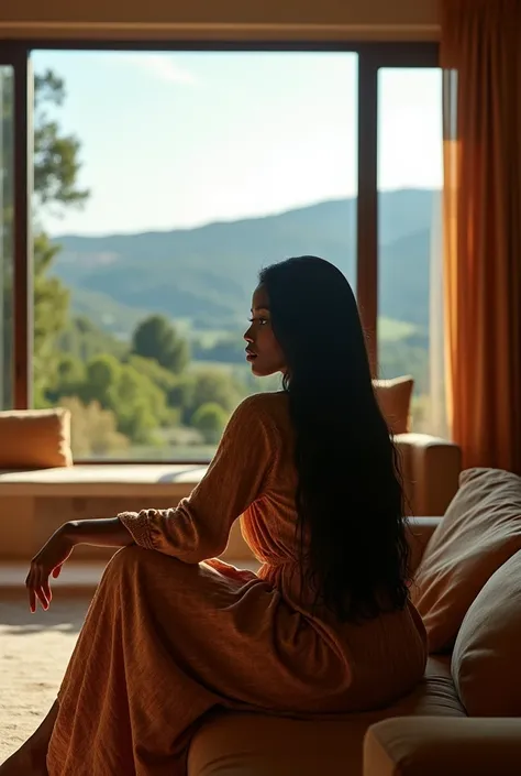 african girl, 19 ans, long black hair, sitting in a large luxury modern living room, tan furniture, dark lighting, day, panoramic view of italy out of the window, wearing gucci, hd, detailed