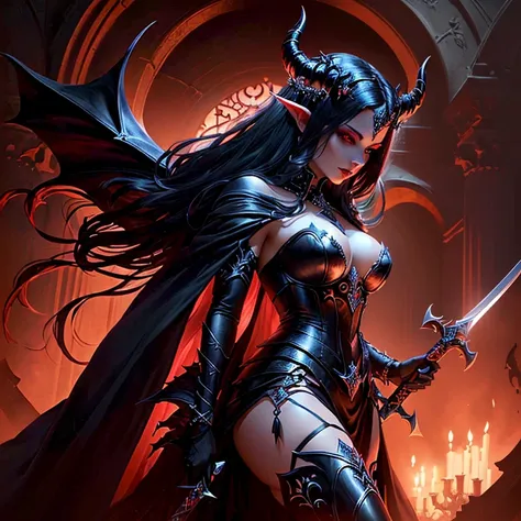 close-up of a woman in a dark suit, Holding a Sword, beautiful elegant demon queen, succubus | medieval, gothic fantasy art, demon queen with white horns, Diablo 4 Lilith, Diablo 4 queen, beautiful dark elf countess, dark goddess with six arms, beautiful s...