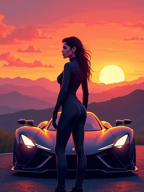 One standing in front of the car，The background is the sunset and the rolling hills，A woman wearing a dark racing suit, Cyberpunk art inspired by Mike Winkelmann, Popular on artstation, Pixel Art, masterpiece 史诗般的Retro Wave艺术, 史诗般的Retro Wave艺术, Retro Wave史...