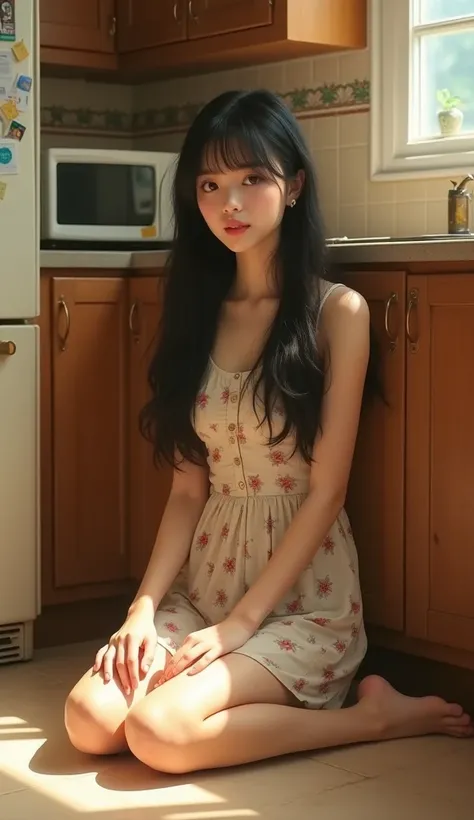 High resolution photos，One with long hair、Young woman with bangs sitting on floor in cozy vintage kitchen。She has exquisite appearance、skin porcelain，The image has some childish qualities。Her face and posture exude an aura of fragility and innocence，It is ...