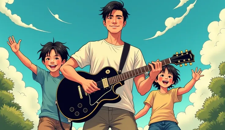 Rock Guitarist&#39;s Father、Two boys dancing、Ukiyo-e style、The guitar is a black Les Paul、American comic style、Very impressive、Everyone is in high spirits、My father has black hair、summer、Only two children、A close father and son、My father has short hair、Jap...