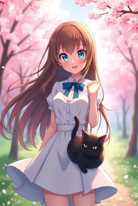 An anime character with long brown hair, blue eyes, a gentle personality, wearing a white uniform with a blue ribbon, and a black cat.