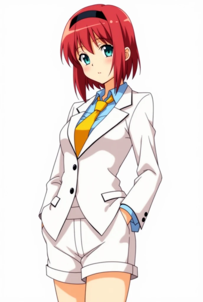 {{suletta mercury}}, {{gundam suisei no majo}}, {{asticassia school uniform}}, aqua eyes, red hair, black hairband, medium breasts, white jacket, white shorts, yellow necktie, simple background, white background, ,1girl, solo, ,cowboy shot,,from front, fac...