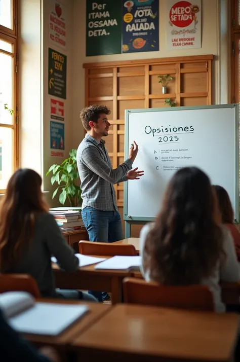 An academy classroom full of adult students, and the teacher a young man writing Oposiciones 2025