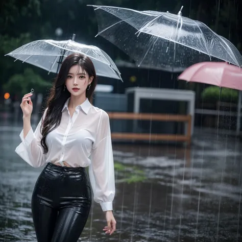 exy pose、Hair getting wet in the rain、Mr.々Hair style、Short Hair、Transparent shirt、Beautiful woman getting wet in the rain、typhoon、Get wet without an umbrella、Beautiful woman in the rain、雨で濡れたBeautyOL、Detailed face、Realistic、beautiful girl、Beauty、Office Lad...