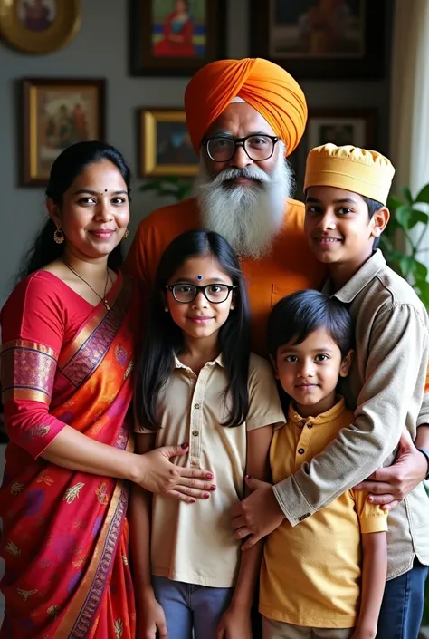 Create a family portrait of a Bangladeshi Muslim family with five members. The mother is a 45-year-old overweight woman weighing 90 kg. The father is a 65-year-old man with a white beard, wearing a cap and a traditional Punjabi outfit. The eldest son is 21...