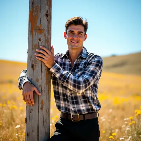 A white man, at 33 years old, model type, with short dark hair, with blue eyes, wearing a plaid shirt buttoned up, black pants with belt,  tennis, smiling shyly, hugging an electricity pole in Alentejo 