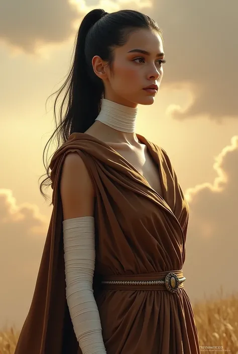 Phoyo realism, beautiful, tall young 
women, black hair, wearing a brown cloak to hide her bosy, with white bandages on her arm and neck, brown boots, pony tail, boyish, black eyes, white skin tone, looks like a goddess 