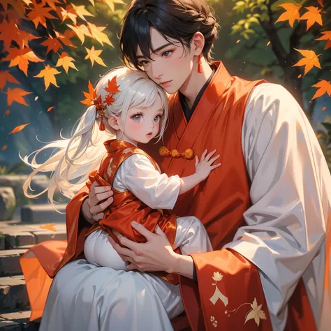 A one-year-old baby boy in an ancient Chinese baby costume with his beautiful mother, dressed in an white ancient Chinese costume, The backdrop is a mountain that turns orange-red in spring, and maple leaves fall from the trees, playing with each other, wi...