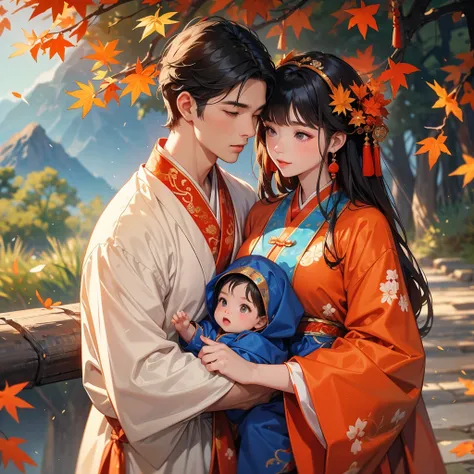 A one-year-old baby boy in an ancient Chinese baby costume with his beautiful mother, dressed in an blue ancient Chinese costume, The backdrop is a mountain that turns orange-red in spring, and maple leaves fall from the trees, playing with each other, wit...