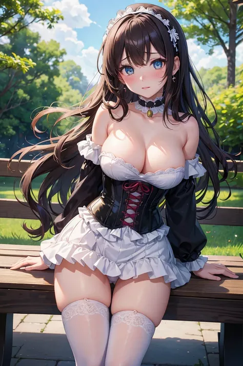 A beautiful girl in a corset and stockings posing for a photo, anime girl, flower garden with wooden benches, blue sky with white clouds, big rounds breasts, choker with bell, strapless corset, thigh highs, lace panties, cute round buttocks, she turns back...