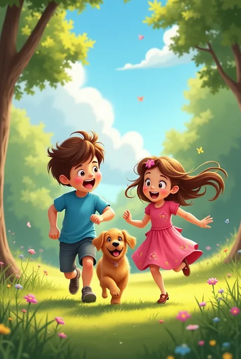 Boy with girl and dog