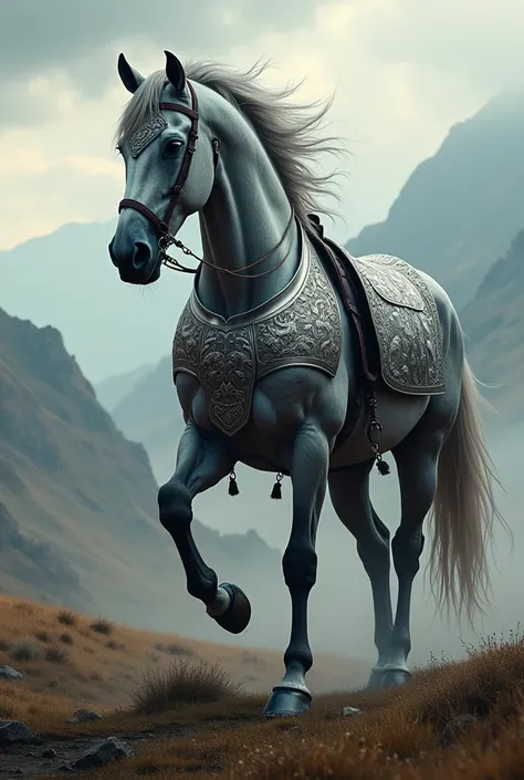 an extremely powerful gray horse warrior with armor