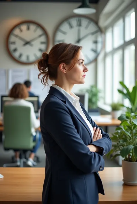 Women  seeing clock in office 