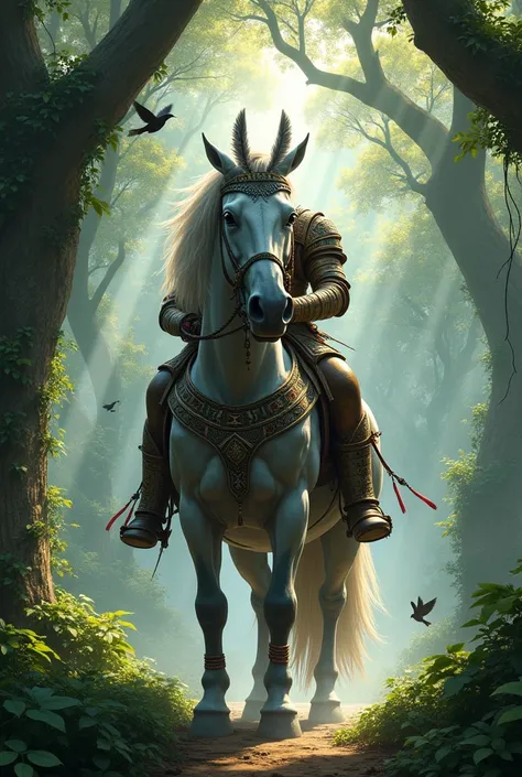 an extremely powerful jungle grey horse warrior with armor