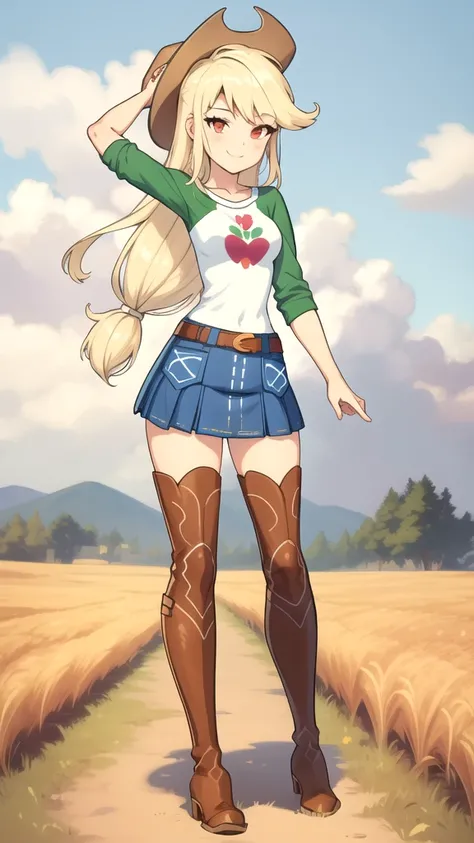 (masterpiece, best quality:1.2),cowboy shot,solo,1girl,mlpapplejack,smile,looking at viewer,low-tied long hair,cowboy hat,shirt,denim skirt,belt,wheat, thigh high boots, field,vector trace, full body, skinny legs, brown boots, red eyes, 
Ultra quality, 8K,...