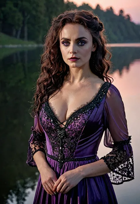 ((ultra detailed, masterpiece, best quality)) , bellatrix black, 1girl, solo, purple eyes, dress,  hypnotic cleavage, By a serene lake at dawn, tranquil reflection pose, the first light of sunrise creating a serene and ethereal glow