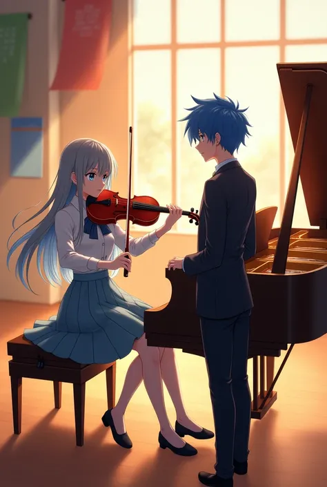 An 18 year old anime girl with gray hair and blue eyes is playing the piano on a wooden platform at school. A young man of the same age stands next to her with blue hair, wearing a formal suit and playing the violin. 